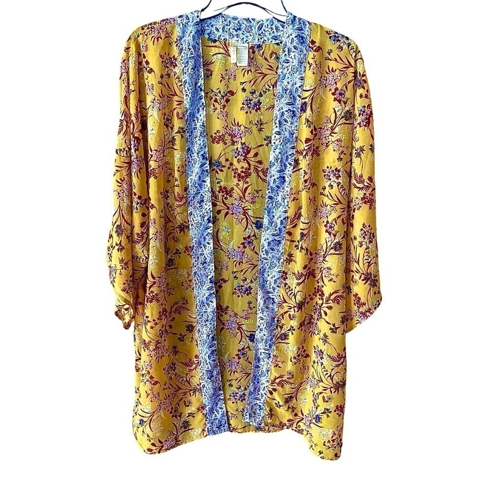Japna Kimono Topper Yellow Floral Top Boho Open Front Mixed Print Women’s Sz L